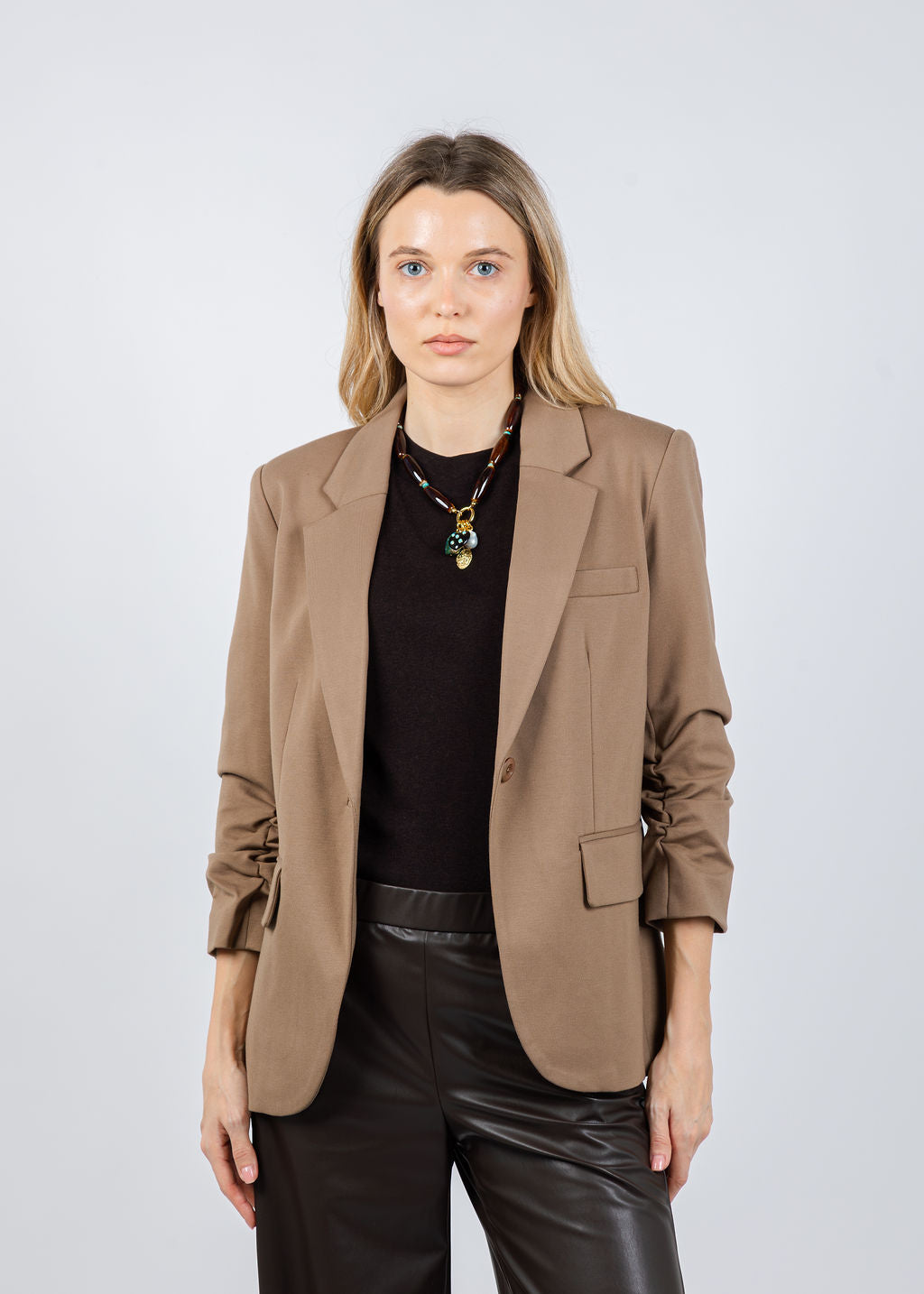 Peace of Cloth Jaime Ruched Sleeve Jacket in Mocha available at Barbara Katz
