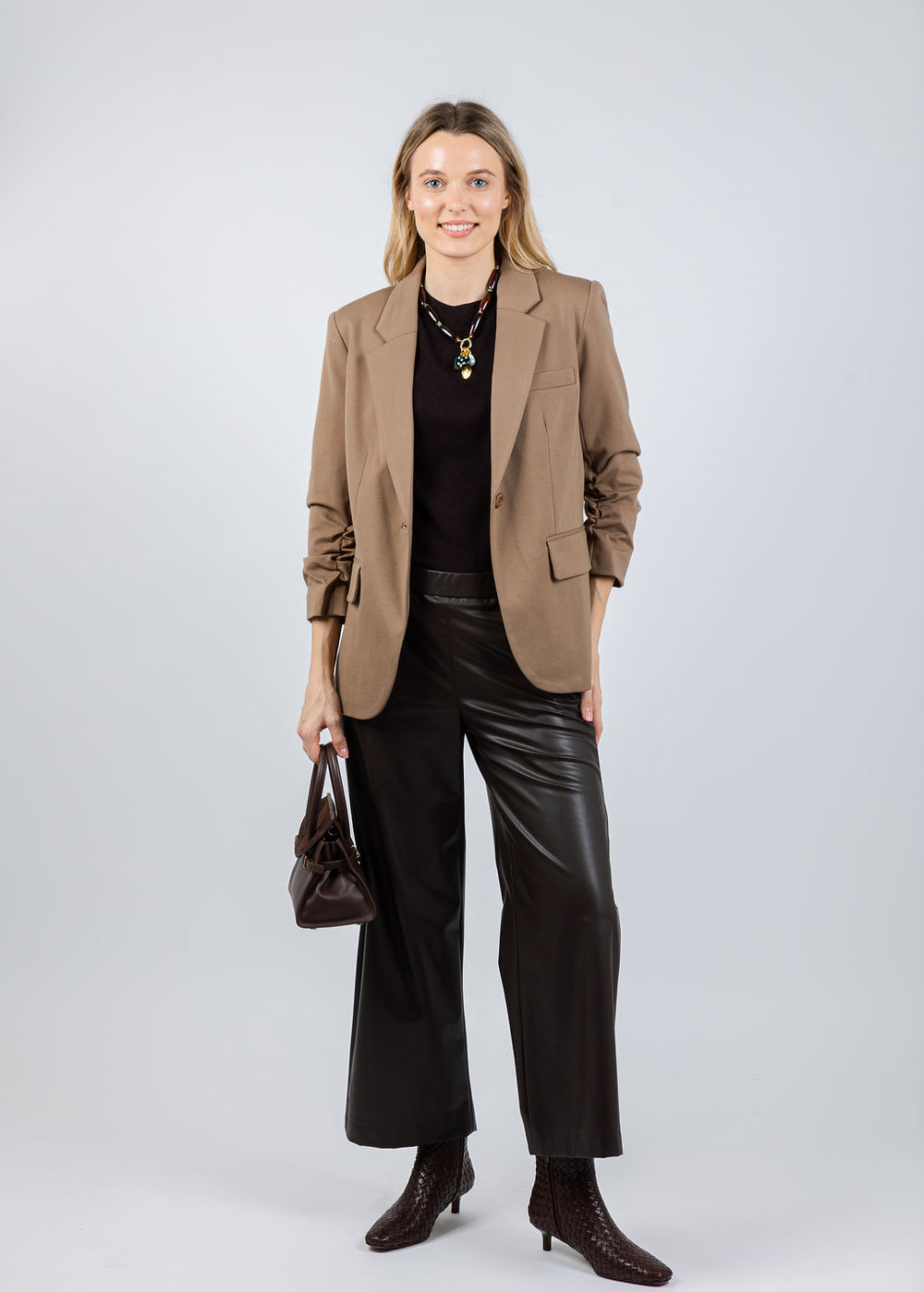 Peace of Cloth Jaime Ruched Sleeve Jacket in Mocha with Repeat Crew Shirt in Dark Brown underneath available at Barbara Katz