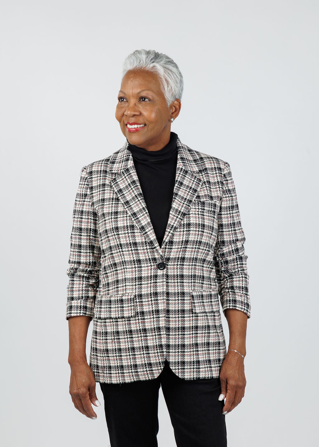 Peace of Cloth Jaime Ruched Sleeve Jacket in Plaid available at Barbara Katz
