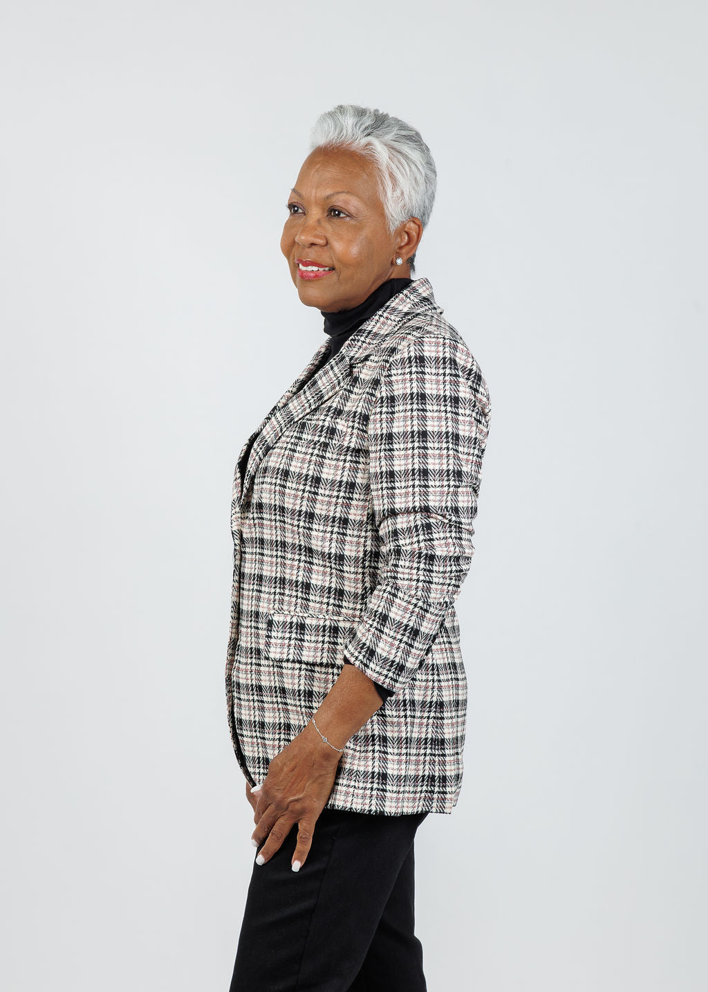 Peace of Cloth Jaime Ruched Sleeve Jacket in Plaid available at Barbara Katz