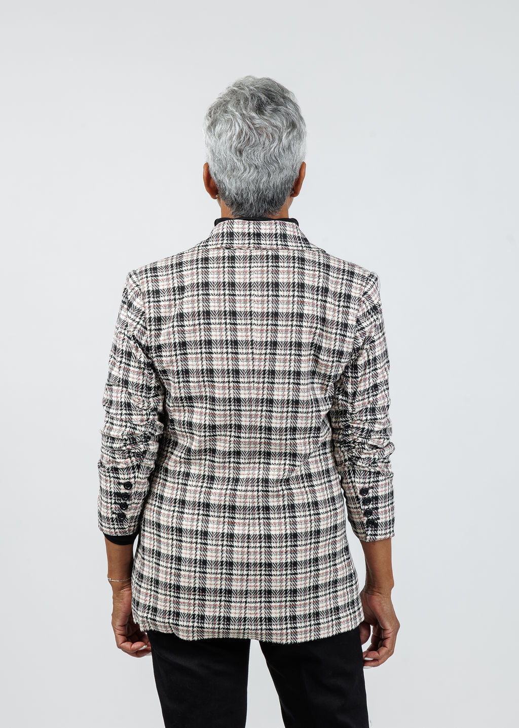 Peace of Cloth Jaime Ruched Sleeve Jacket in Plaid available at Barbara Katz