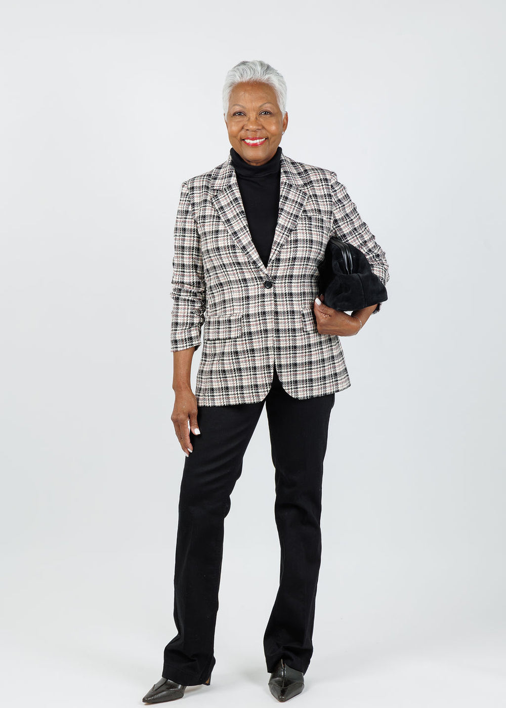 Peace of Cloth Jaime Ruched Sleeve Jacket in Plaid paired with Mother The Weekender Fray Jeans in Nighty Night available at Barbara Katz