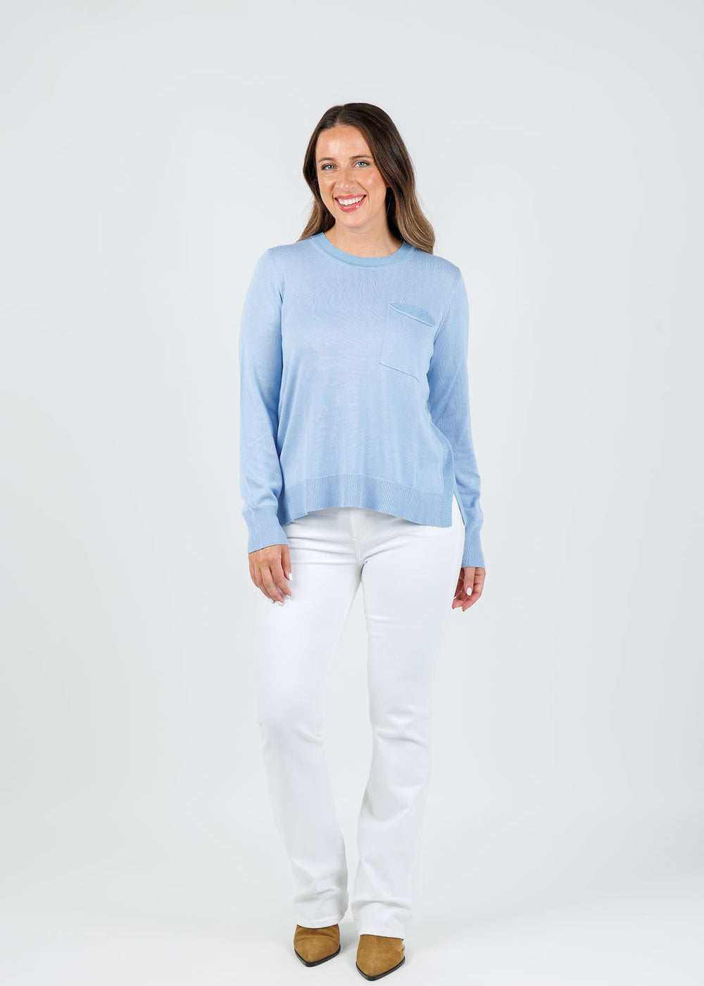 Peace of Cloth Metallic Pocket Crew Sweater in Powder available at Barbara Katz