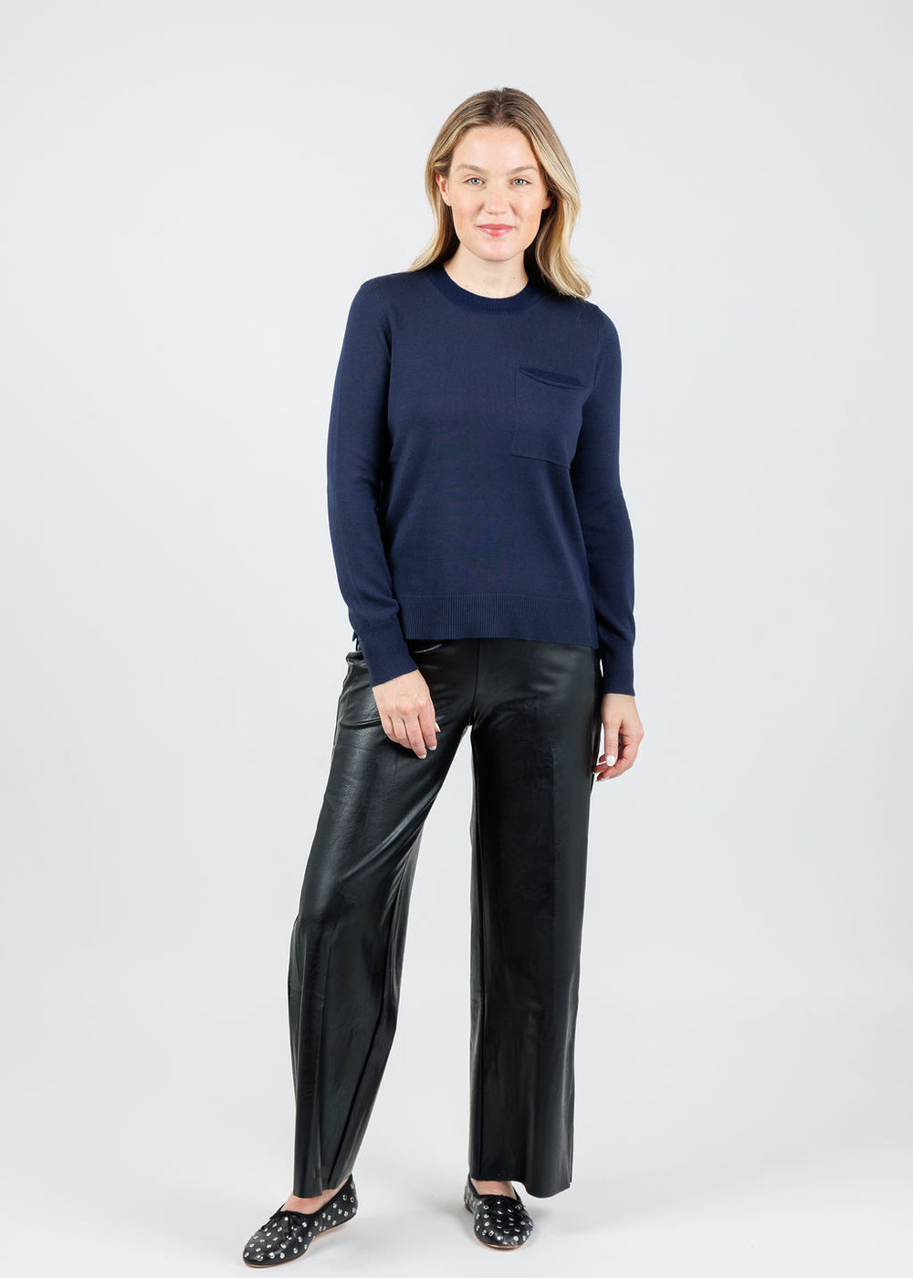 Peace of Cloth Metallic Pocket Crew Sweater in Powder available at Barbara Katz