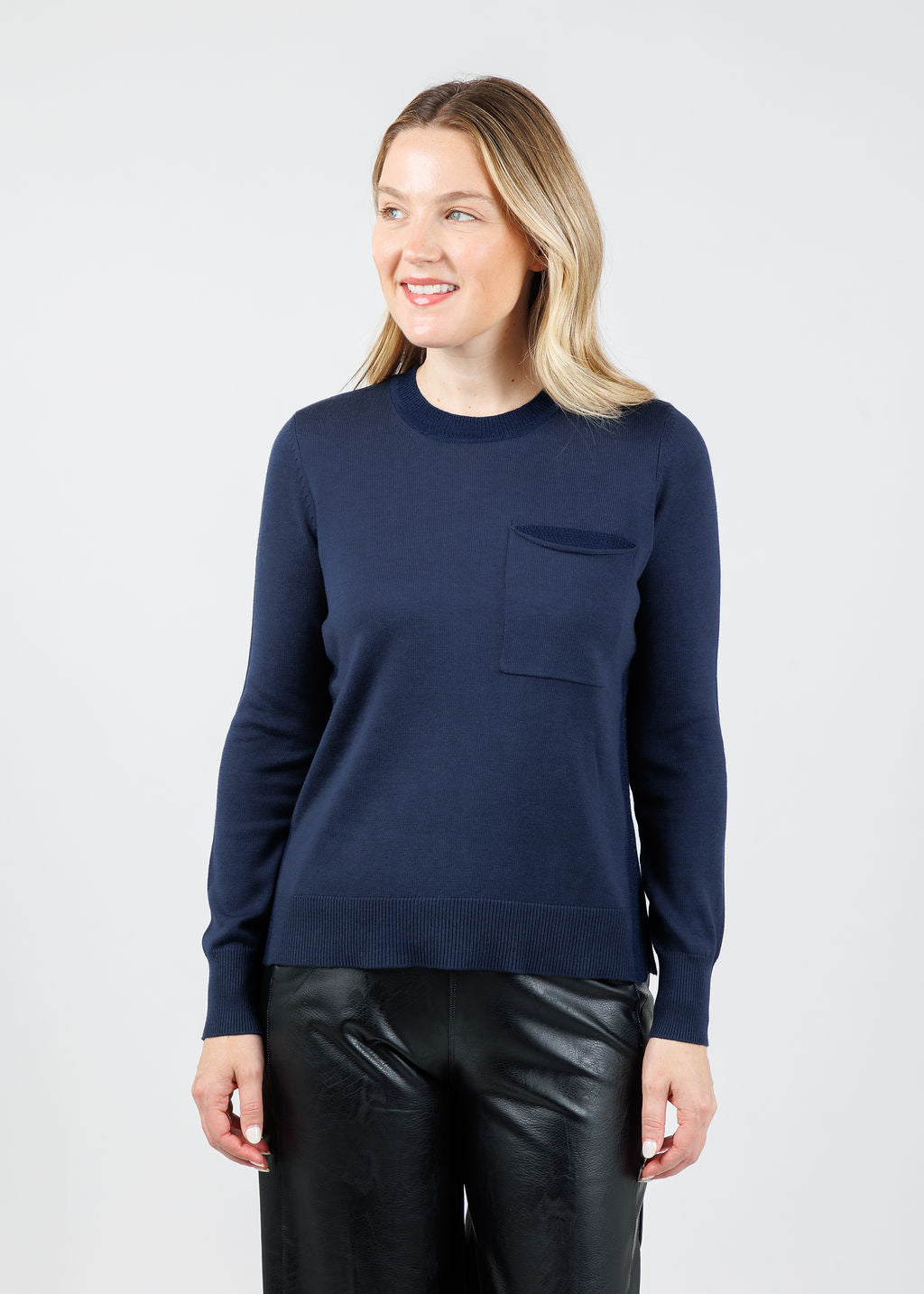 Peace of Cloth Metallic Pocket Crew Sweater in Powder available at Barbara Katz