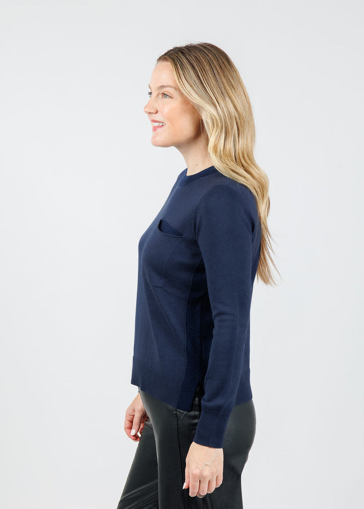 Peace of Cloth Metallic Pocket Crew Sweater in Powder available at Barbara Katz