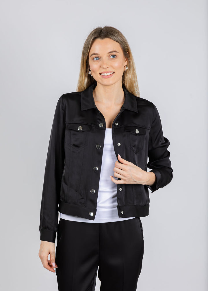 Peace of Cloth Ruby Satin Jean Jacket in Black available at Barbara Katz