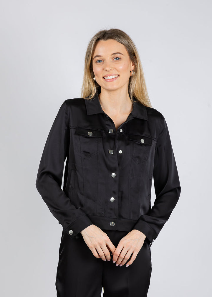 Peace of Cloth Ruby Satin Jean Jacket in Black available at Barbara Katz
