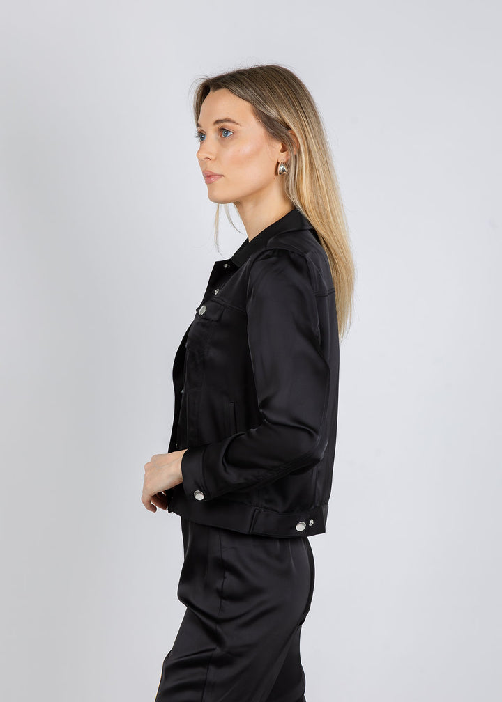 Peace of Cloth Ruby Satin Jean Jacket in Black available at Barbara Katz