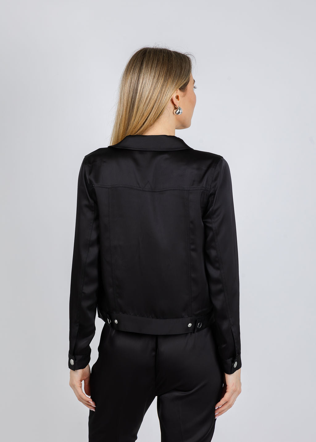 Peace of Cloth Ruby Satin Jean Jacket in Black available at Barbara Katz
