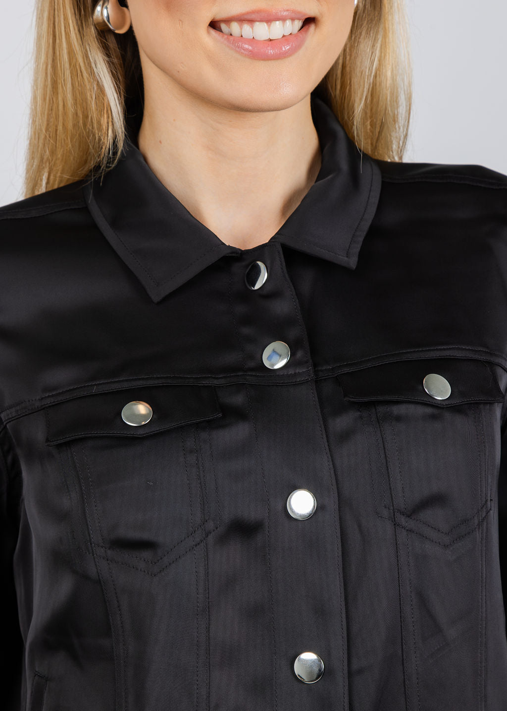 Peace of Cloth Ruby Satin Jean Jacket in Black available at Barbara Katz