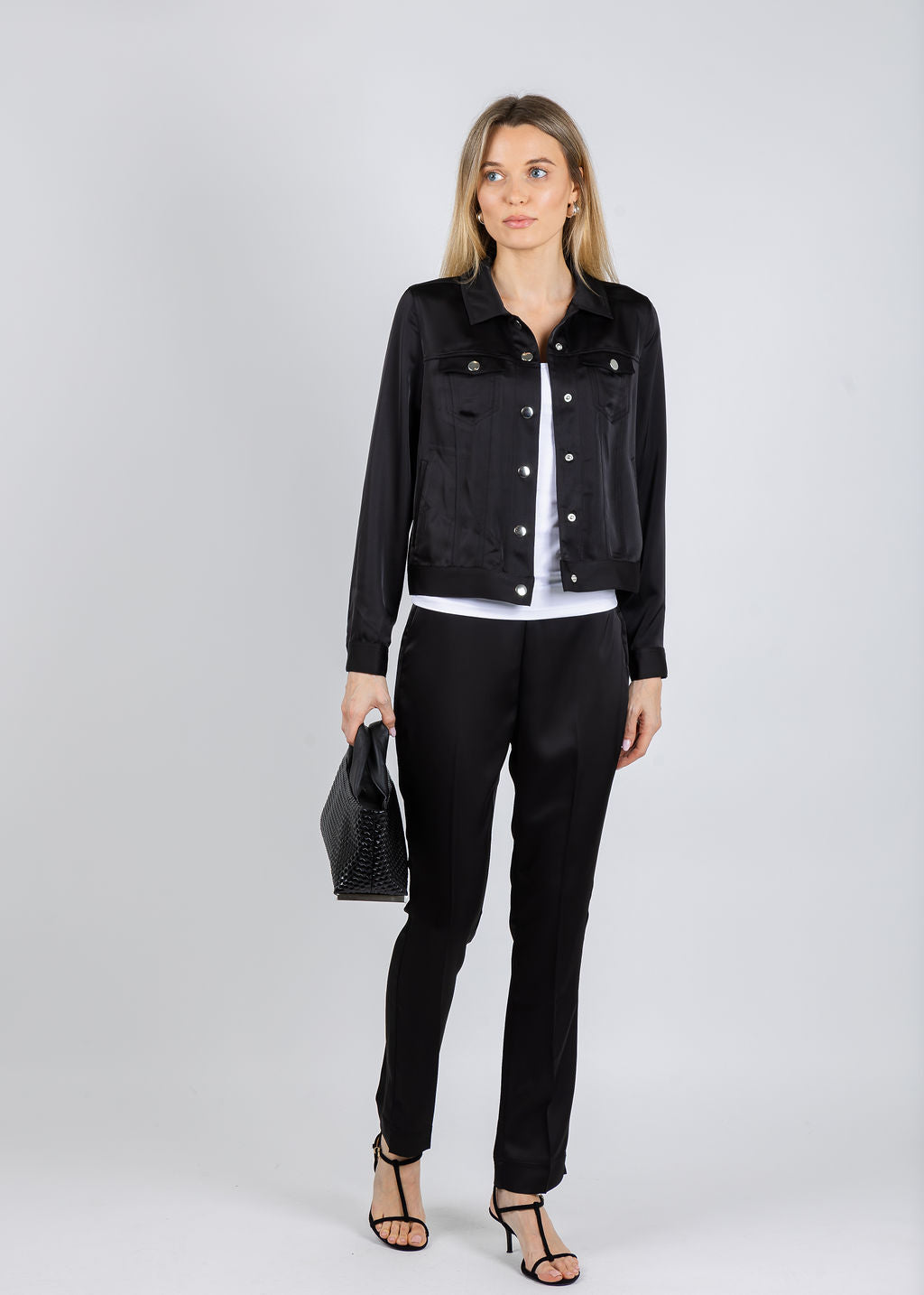 Peace of Cloth Ruby Satin Jean Jacket & Satin Annie Pants in Black available at Barbara Katz