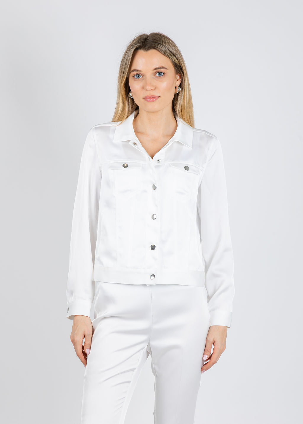 Peace of Cloth Ruby Satin Jean Jacket in Pearl available at Barbara Katz