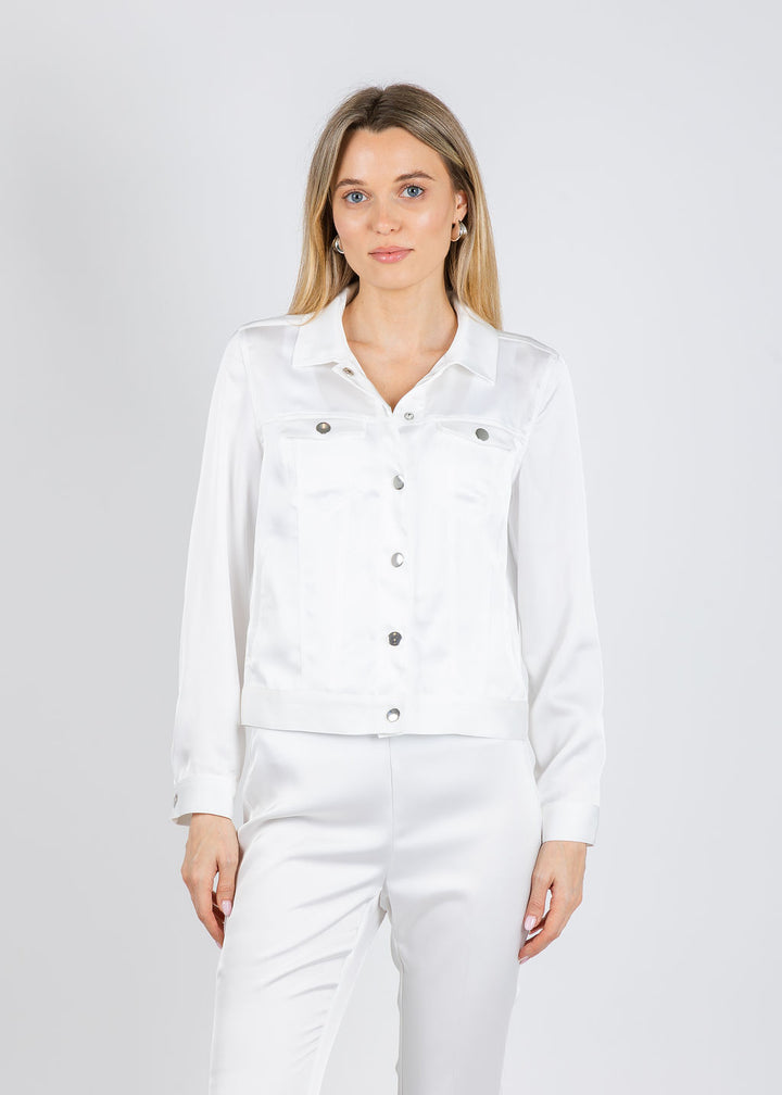 Peace of Cloth Ruby Satin Jean Jacket in Pearl available at Barbara Katz