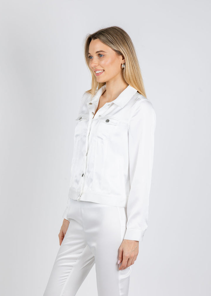 Peace of Cloth Ruby Satin Jean Jacket in Pearl available at Barbara Katz