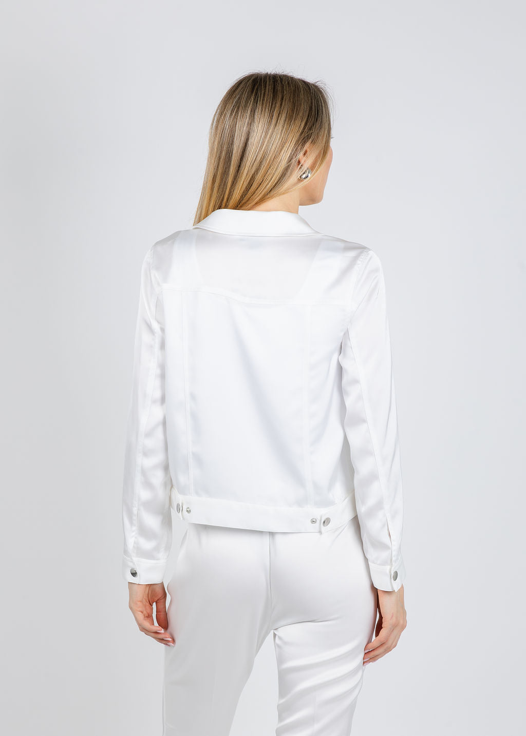 Peace of Cloth Ruby Satin Jean Jacket in Pearl available at Barbara Katz