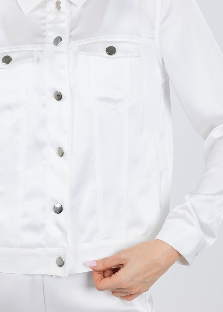 Peace of Cloth Ruby Satin Jean Jacket in Pearl available at Barbara Katz