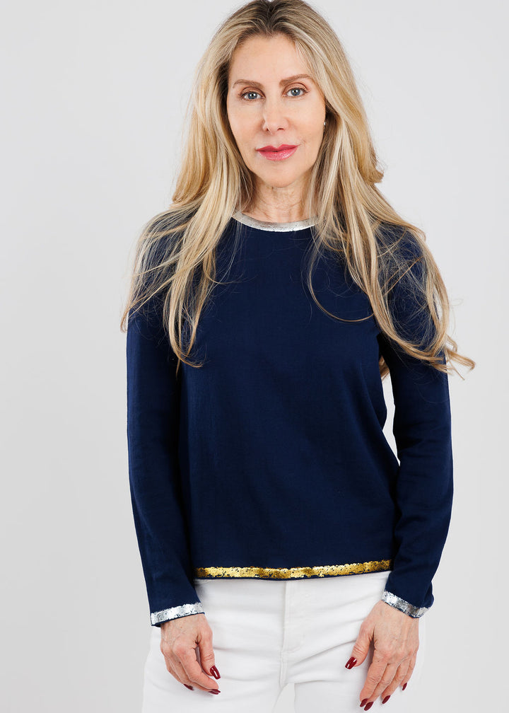 Peace of Cloth Sasha Long Sleeve Crew Top With Foil in Navy available at Barbara Katz