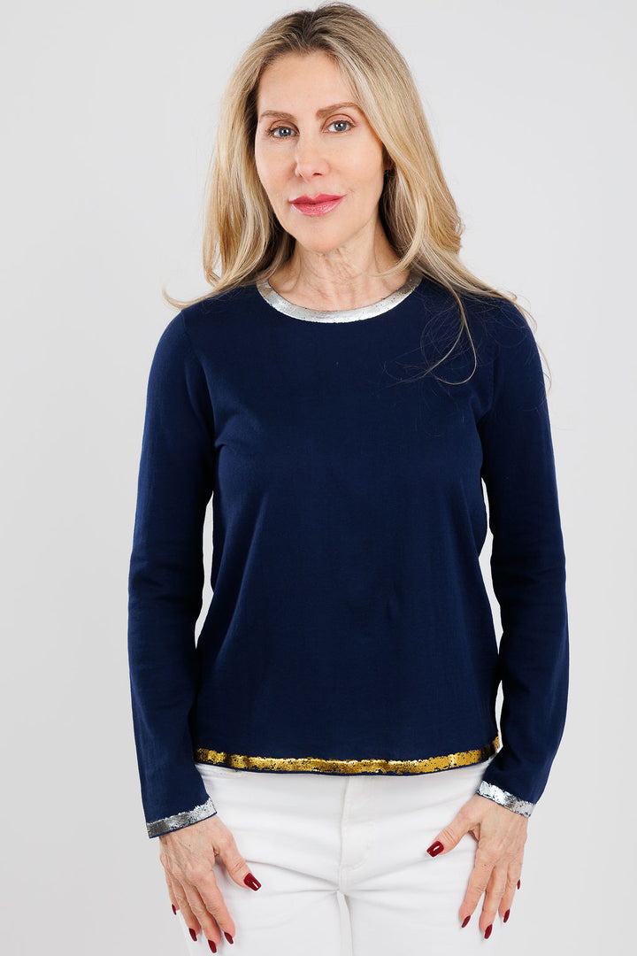 Peace of Cloth Sasha Long Sleeve Crew Top With Foil in Navy available at Barbara Katz