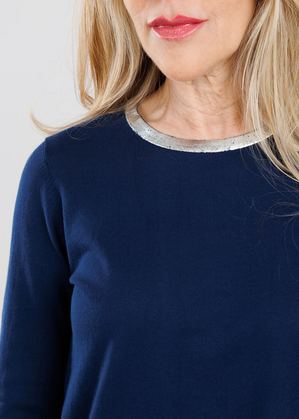 Peace of Cloth Sasha Long Sleeve Crew Top With Foil in Navy available at Barbara Katz