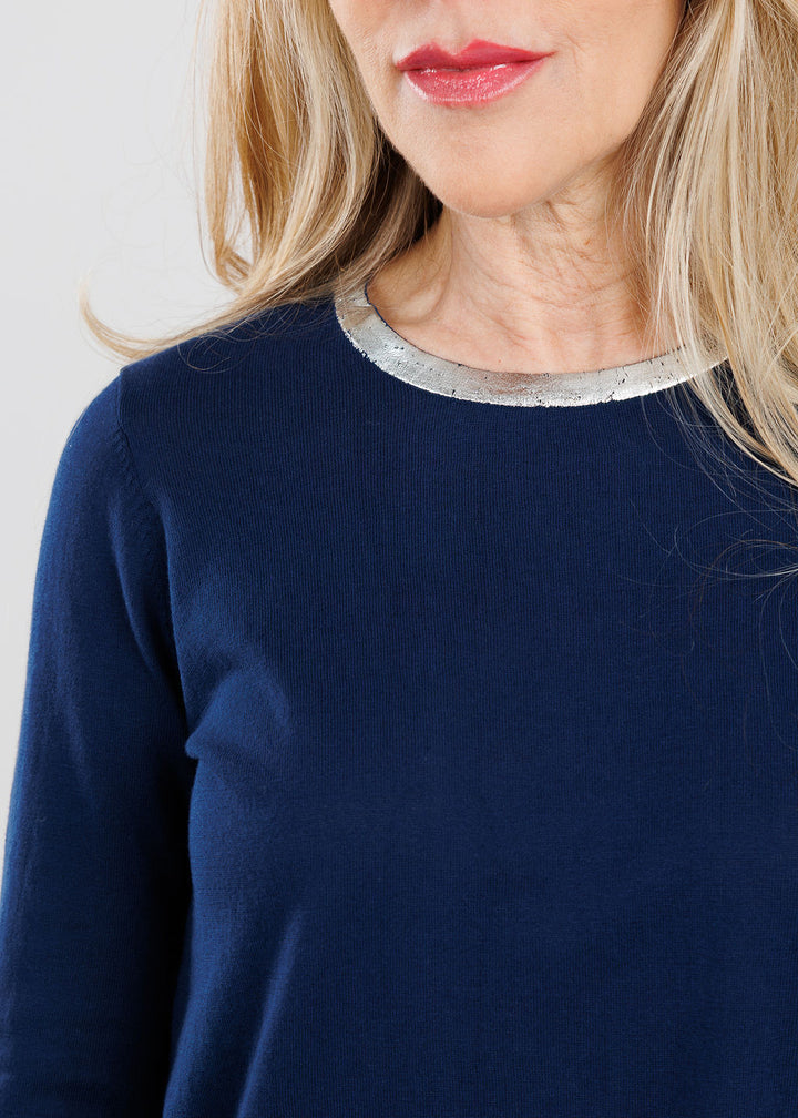 Peace of Cloth Sasha Long Sleeve Crew Top With Foil in Navy available at Barbara Katz