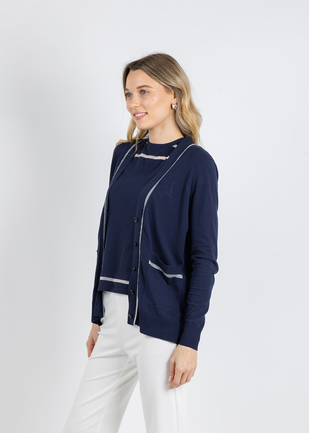 Peace of Cloth Sheer Stripe Cardigan in Navy available at Barbara Katz