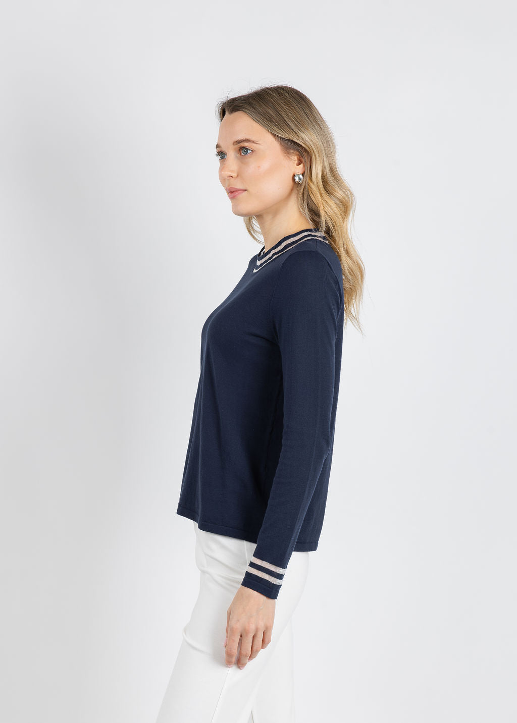 Peace of Cloth Sheer Stripe Long Sleeve Crew Top in Navy available at Barbara Katz