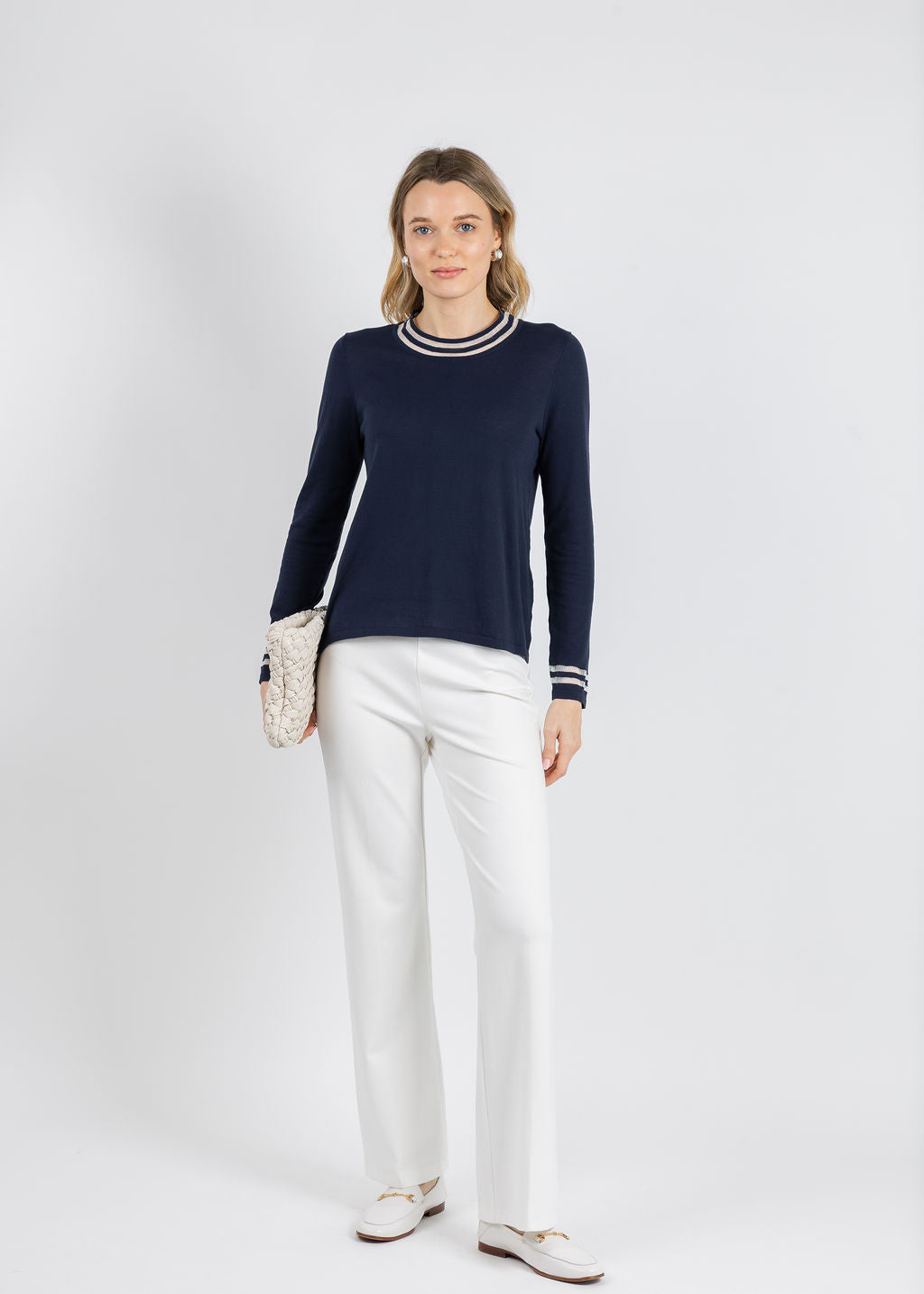 Peace of Cloth Sheer Stripe Long Sleeve Crew Top in Navy available at Barbara Katz