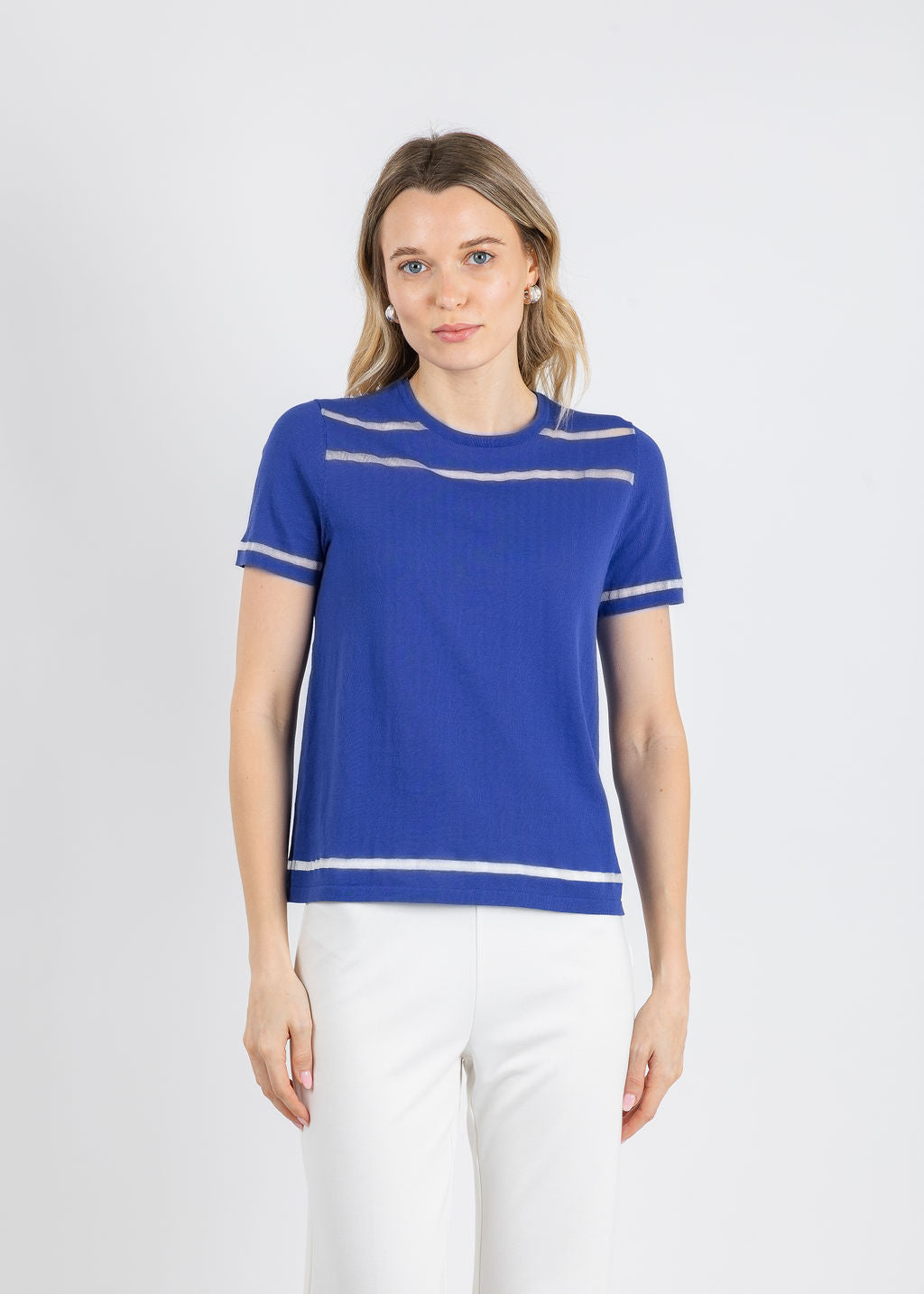 Peace of Cloth Sheer Stripe Short Sleeve Crew Top in Lapis available at Barbara Katz