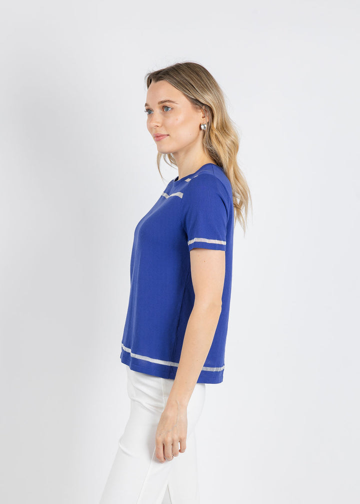 Peace of Cloth Sheer Stripe Short Sleeve Crew Top in Lapis available at Barbara Katz