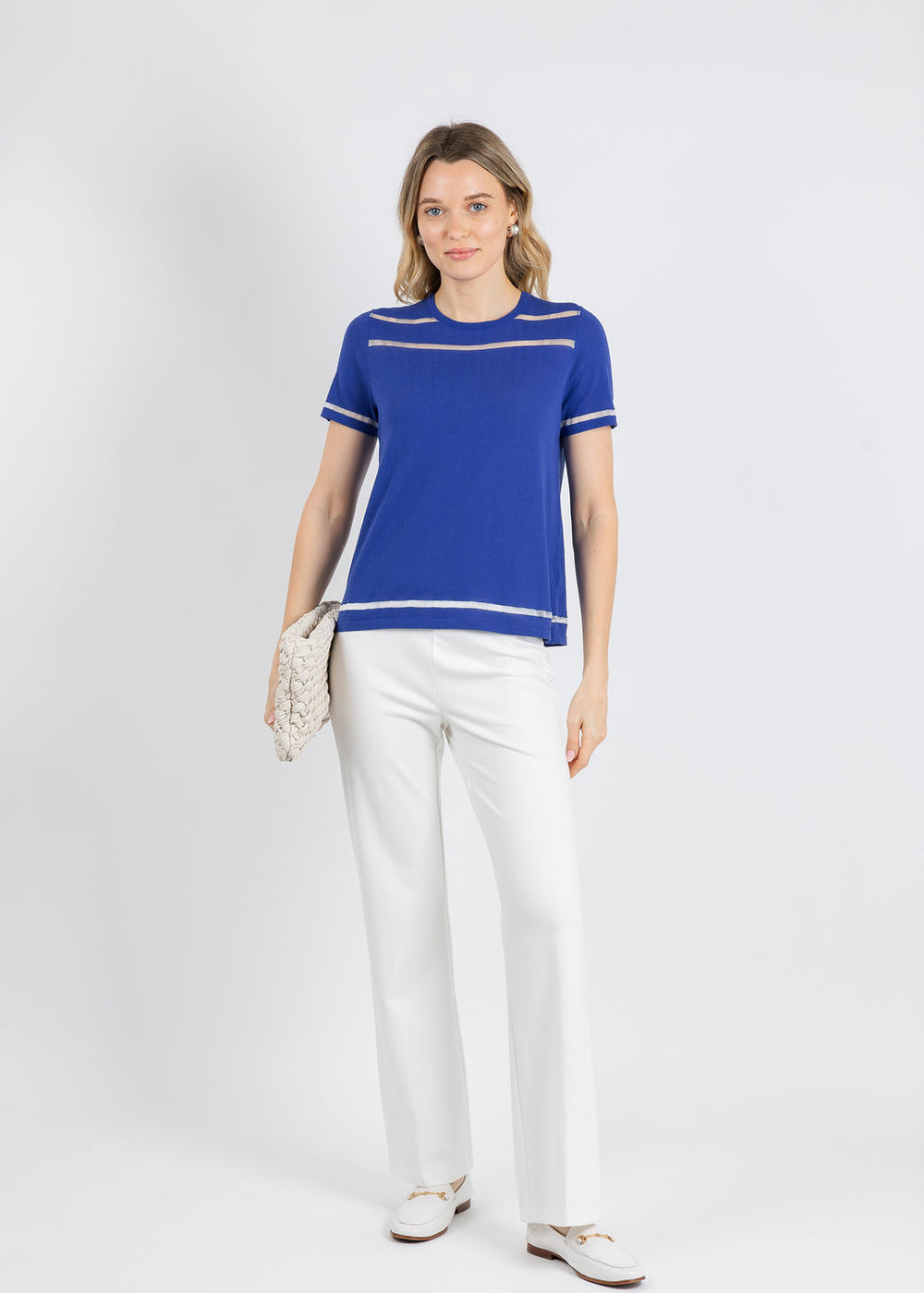 Peace of Cloth Sheer Stripe Short Sleeve Crew Top in Lapis available at Barbara Katz