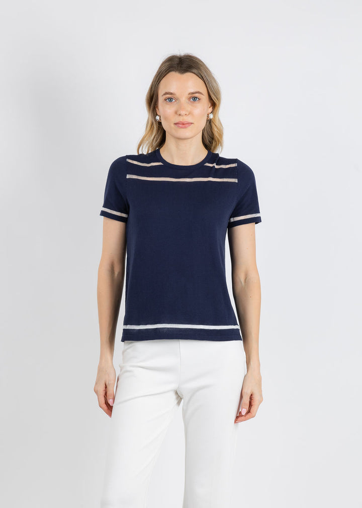 Peace of Cloth Sheer Stripe Short Sleeve Crew Top in Navy available at Barbara Katz