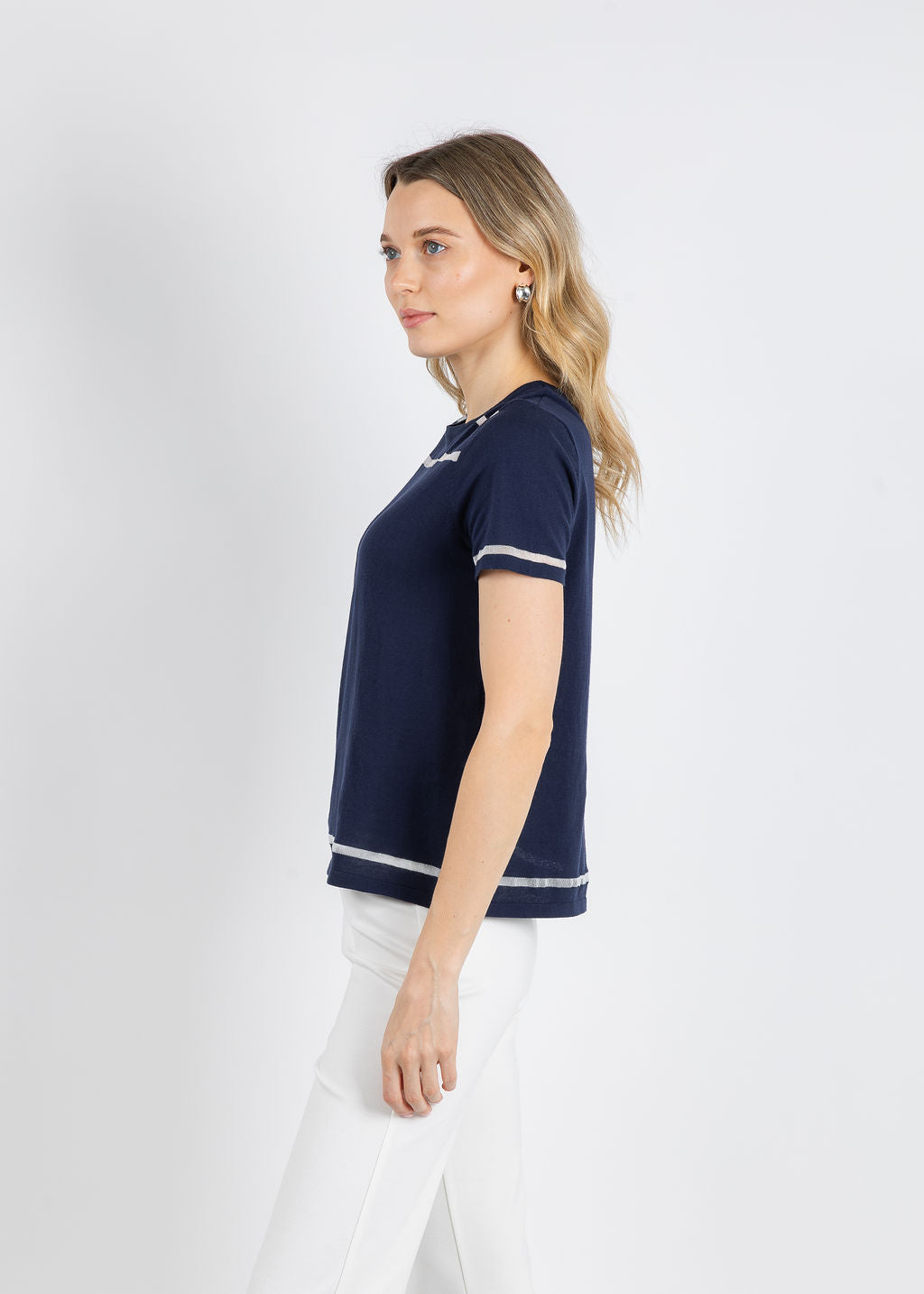 Peace of Cloth Sheer Stripe Short Sleeve Crew Top in Navy available at Barbara Katz