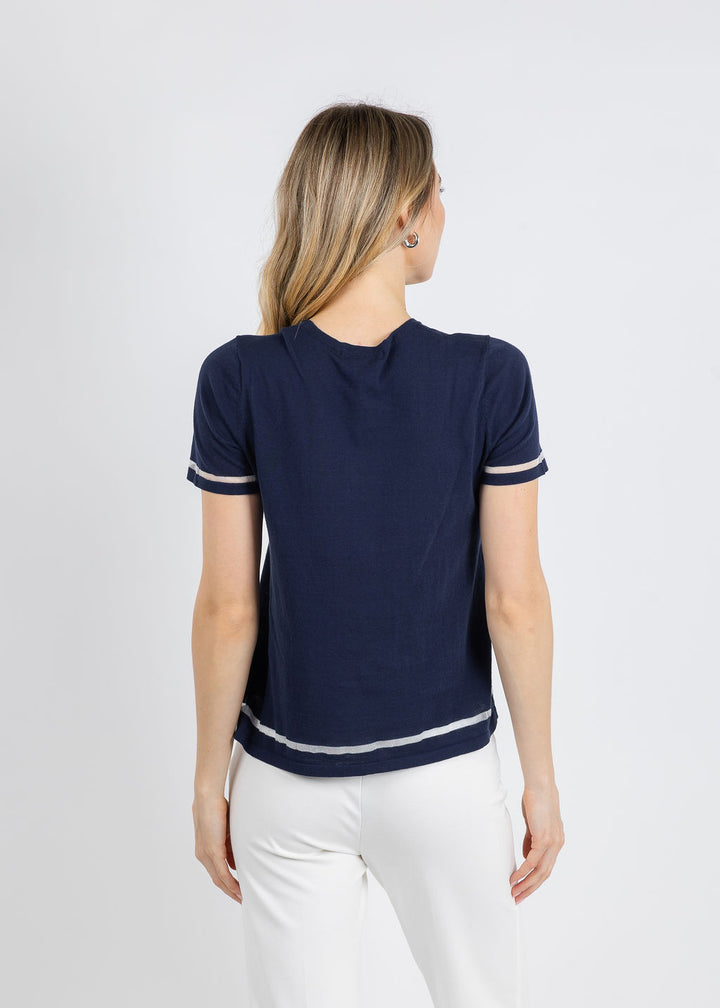 Peace of Cloth Sheer Stripe Short Sleeve Crew Top in Navy available at Barbara Katz