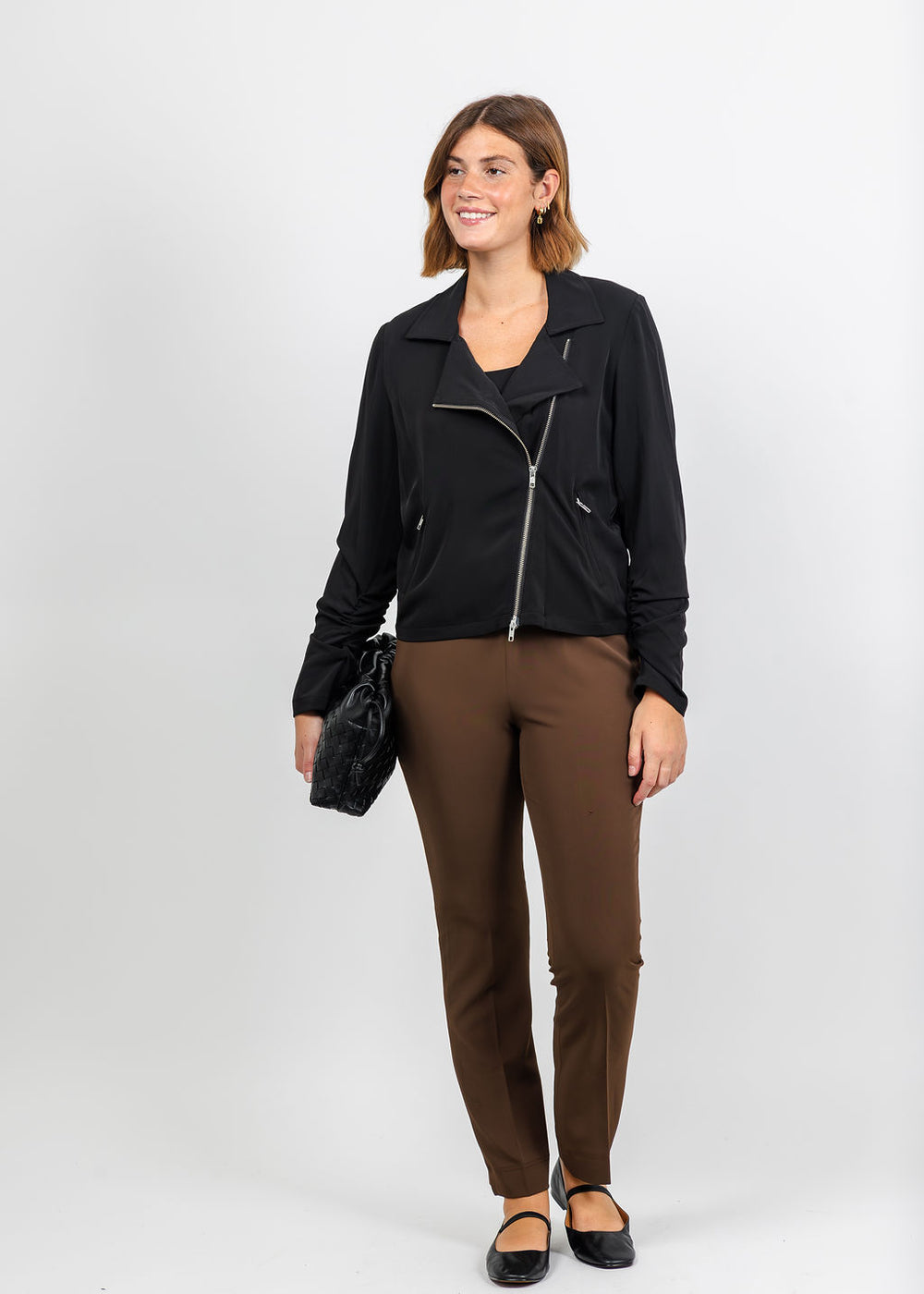 Peace of Cloth Skye Moto Jacket in Black paired with Peace of Cloth Annie Excursion Twill Pant in Cocoa available at Barbara Katz