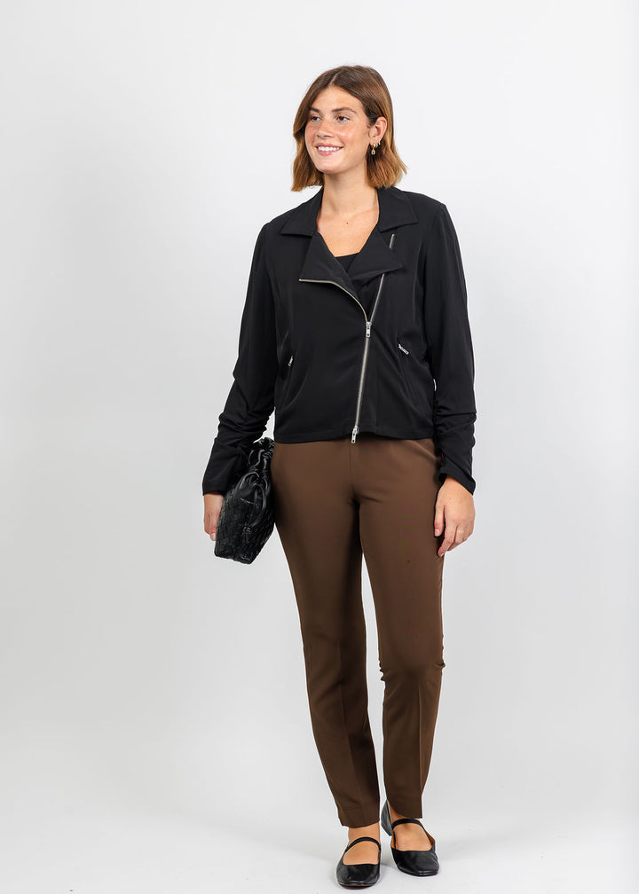 Peace of Cloth Skye Moto Jacket in Black paired with Peace of Cloth Annie Excursion Twill Pant in Cocoa available at Barbara Katz