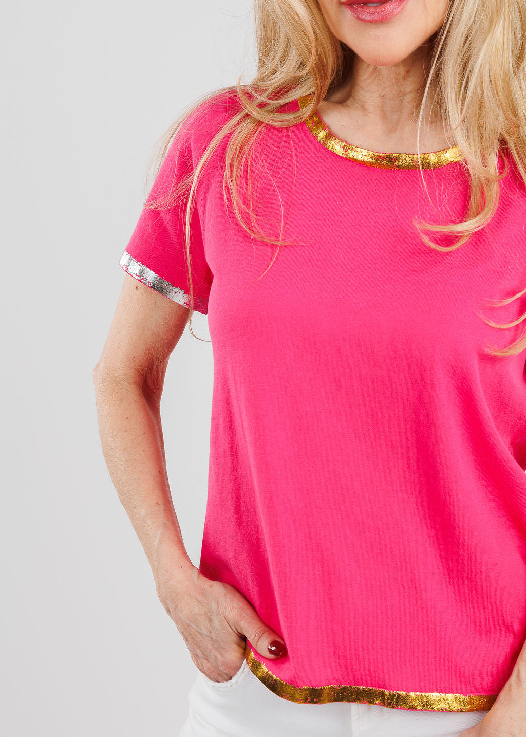 Peace of Cloth Sonya Short Sleeve Crew T-Shirt With Foil in Fuschia available at Barbara Katz