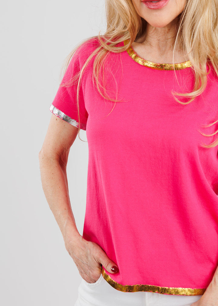 Peace of Cloth Sonya Short Sleeve Crew T-Shirt With Foil in Fuschia available at Barbara Katz