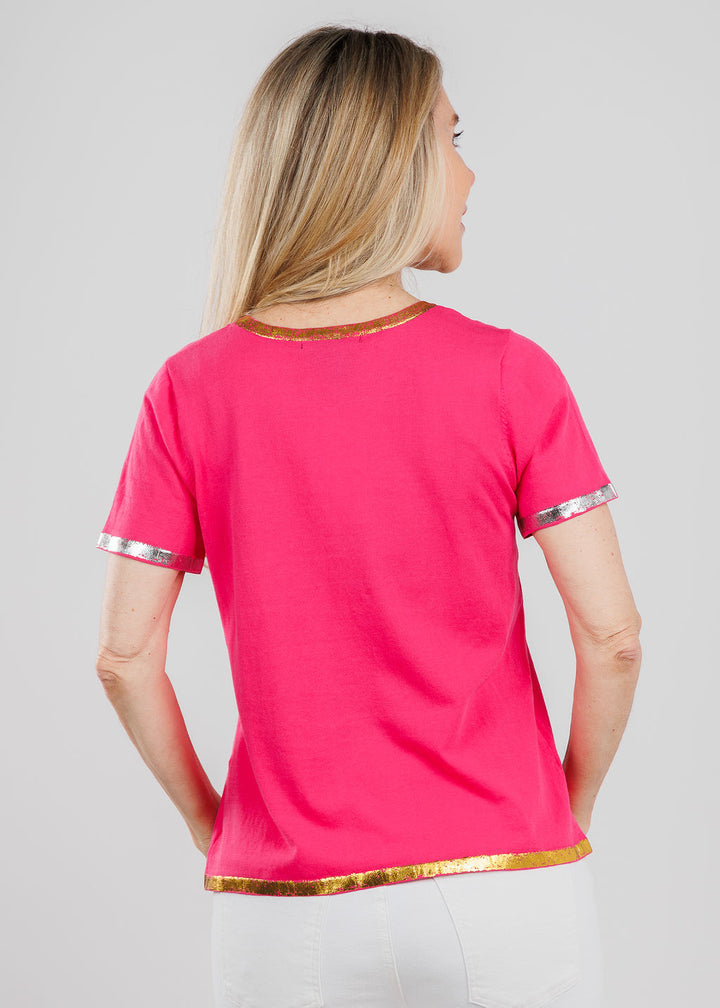 Peace of Cloth Sonya Short Sleeve Crew Top With Foil in Fuschia available at Barbara Katz