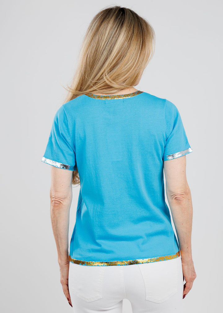 Peace of Cloth Sonya Short Sleeve T-Shirt With Foil in Turquoise available at Barbara Katz