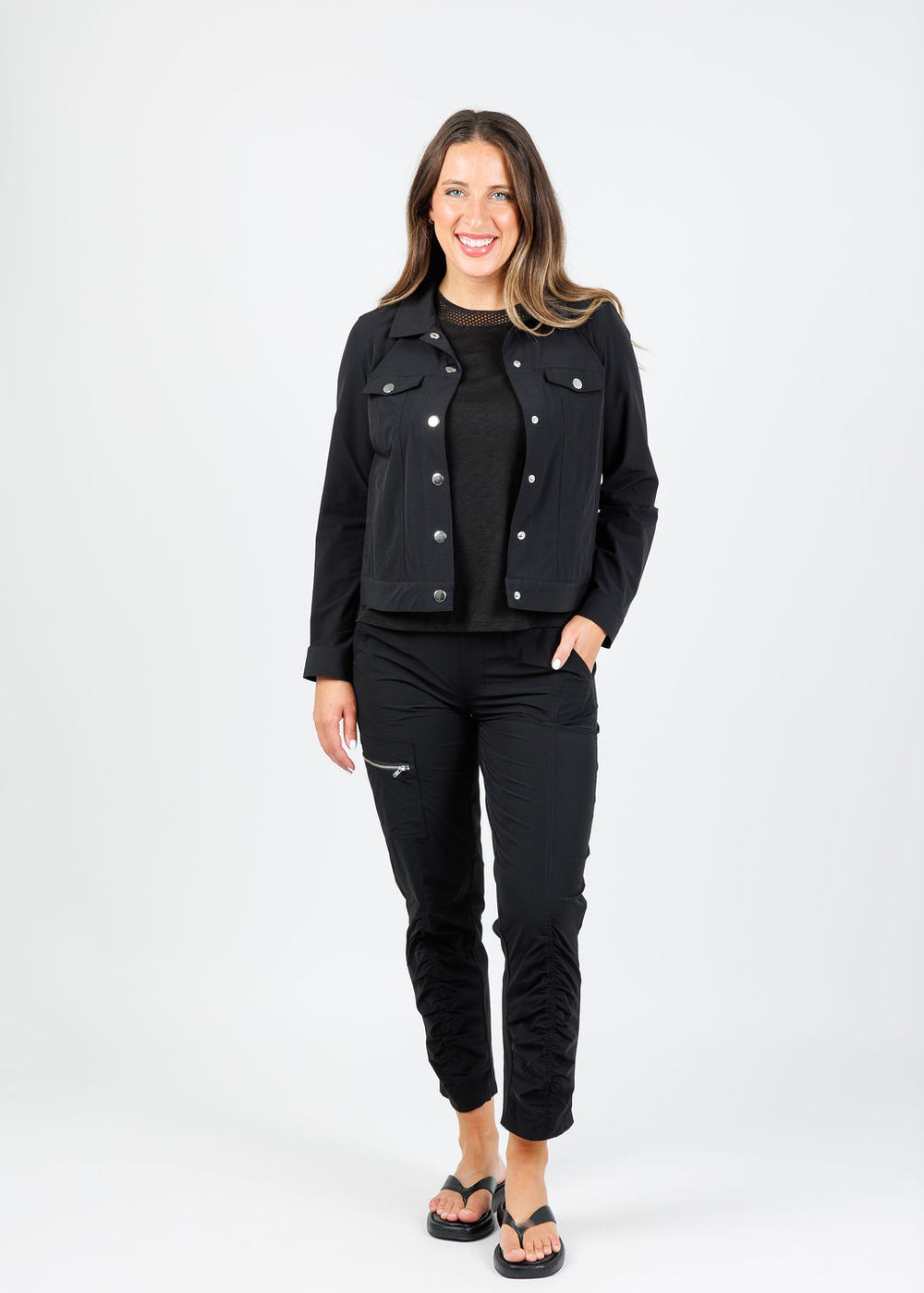 Peace of Cloth Ash Zip Pull-On Pants in Black paired with matching Ruby Jean Jacket available at Barbara Katz