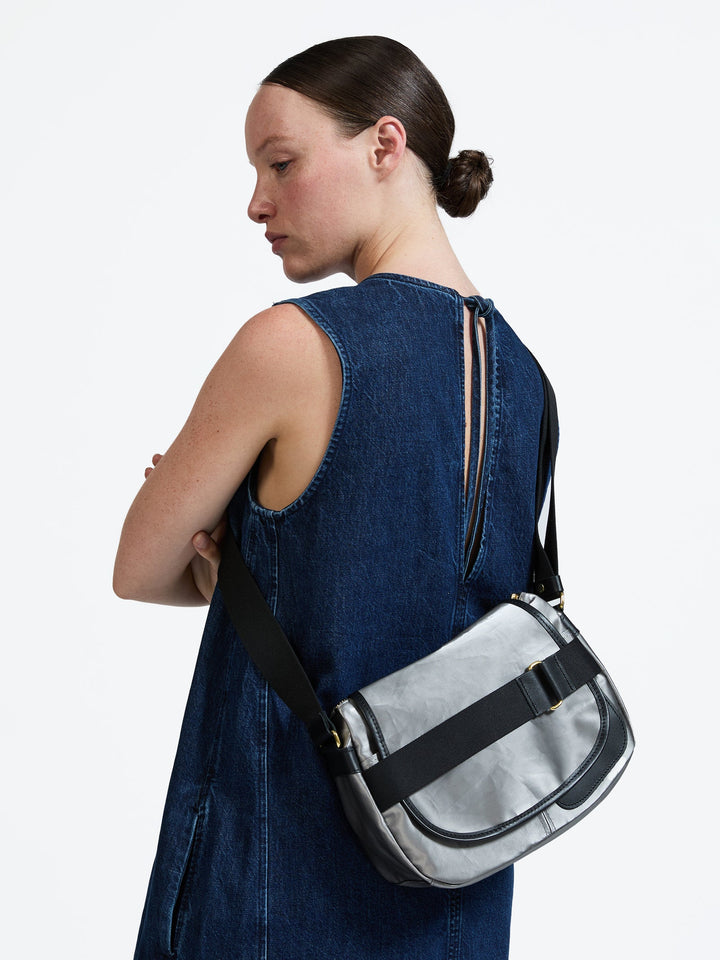 Jack Gomme Petit Gaby Linen Shoulder Bag in Silver available at Barbara Katz