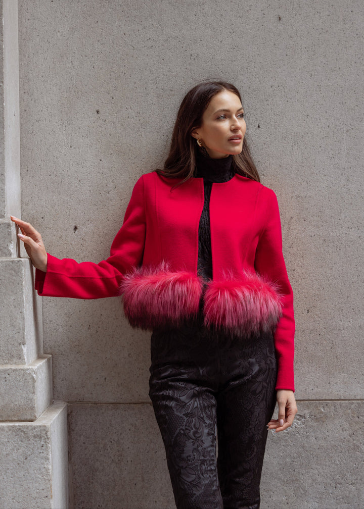Diomi Cropped Wool Jacket With Fur in Barberry available at Barbara Katz