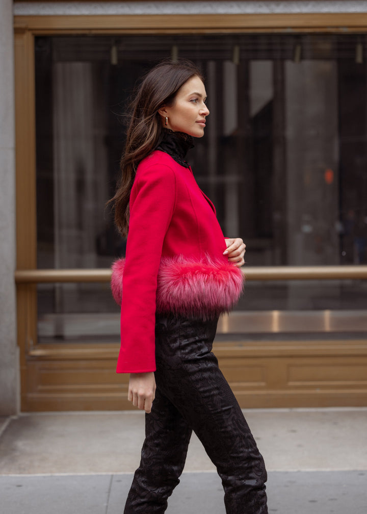 Diomi Cropped Wool Jacket With Fur in Barberry available at Barbara Katz