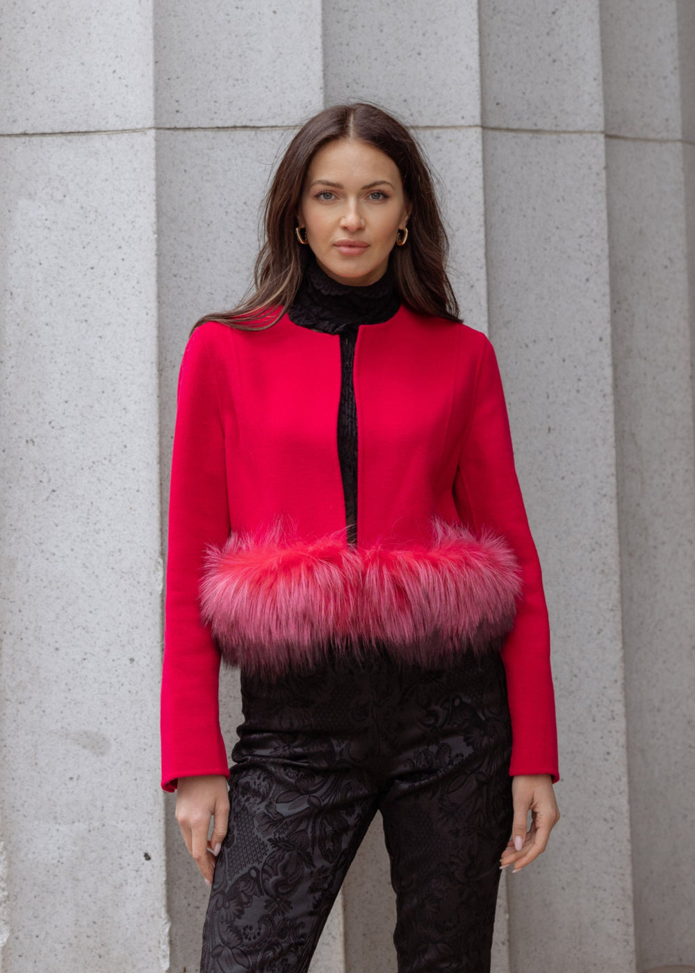 Diomi Cropped Wool Jacket With Fur in Barberry available at Barbara Katz