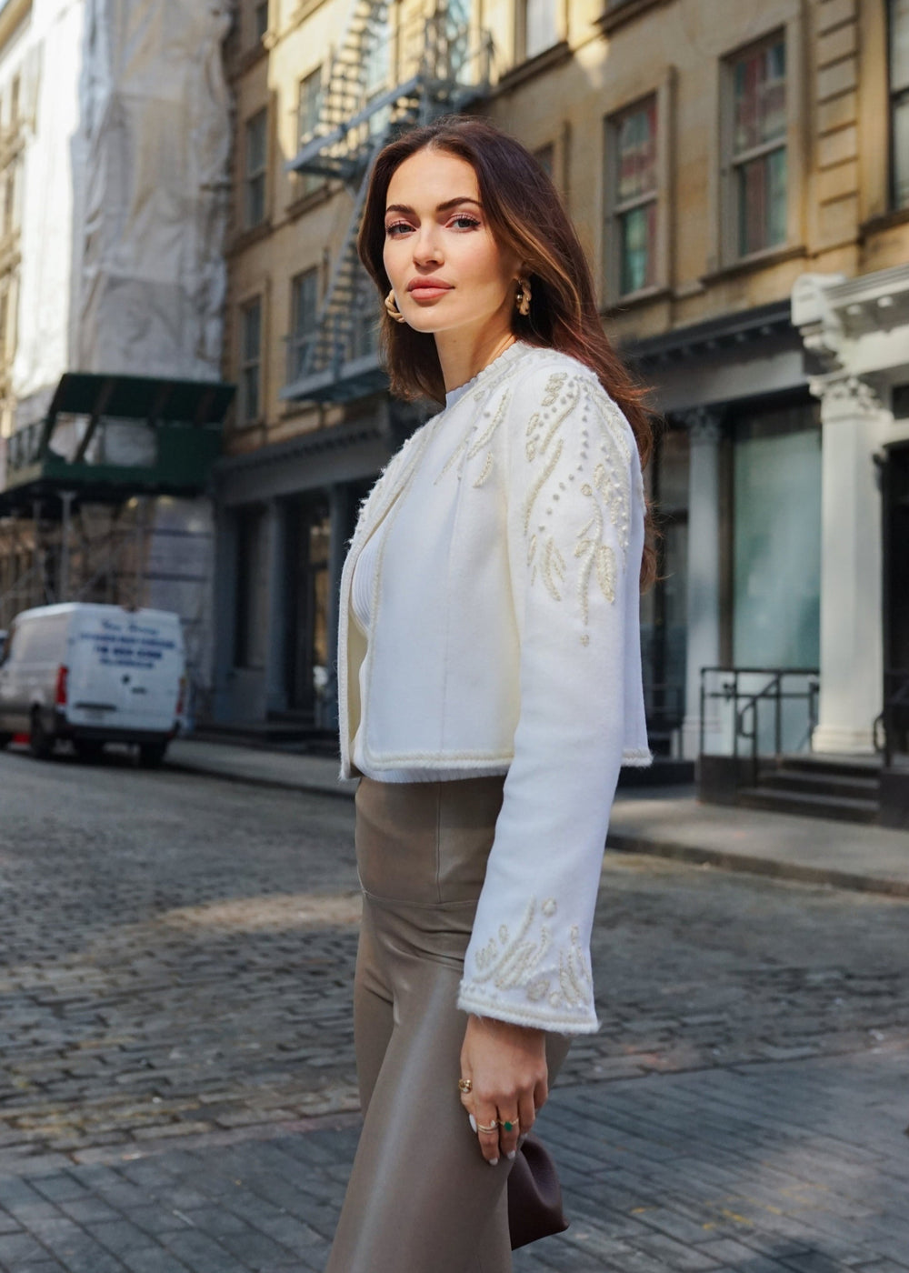 Diomi Embroidered Cropped Wool Jacket in Ivory available at Barbara Katz