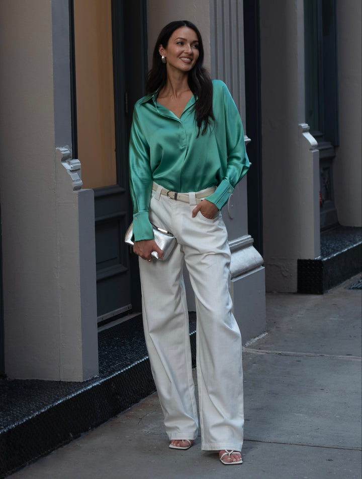 Diomi Full Cut Sateen Button Down Blouse in Garden Party available at Barbara Katz