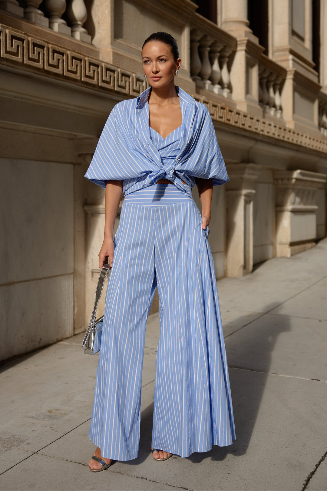 Diomi Oxford Blouse With Blouson Sleeve in Blue/White Stripe available at Barbara Katz