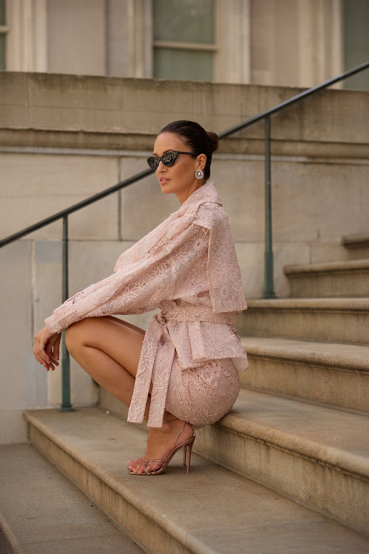 Diomi Short Floral Lace Trench Jacket in Blush Lace available at Barbara Katz