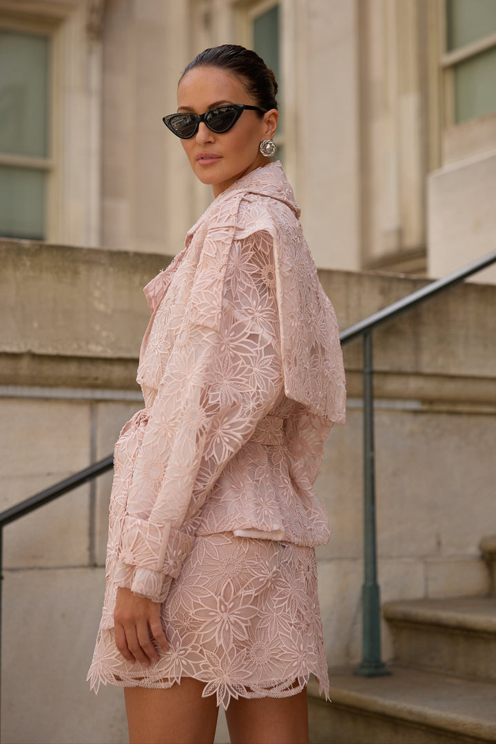 Diomi Short Floral Lace Trench Jacket in Blush Lace available at Barbara Katz